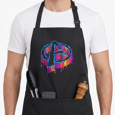 Paint drip apron - Melting Avengers logo in blue purple red orange yellow cartoon drip style — shown on a black cotton canvas apron against a white background