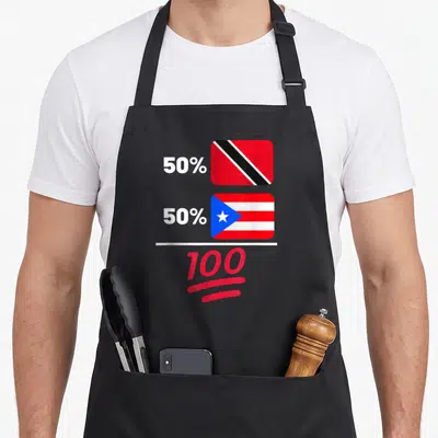 Puerto rican heritage aprons - Two flags stacked vertically with 50% 50% 100 text separated by a white line — shown on a black cotton canvas apron against a white background