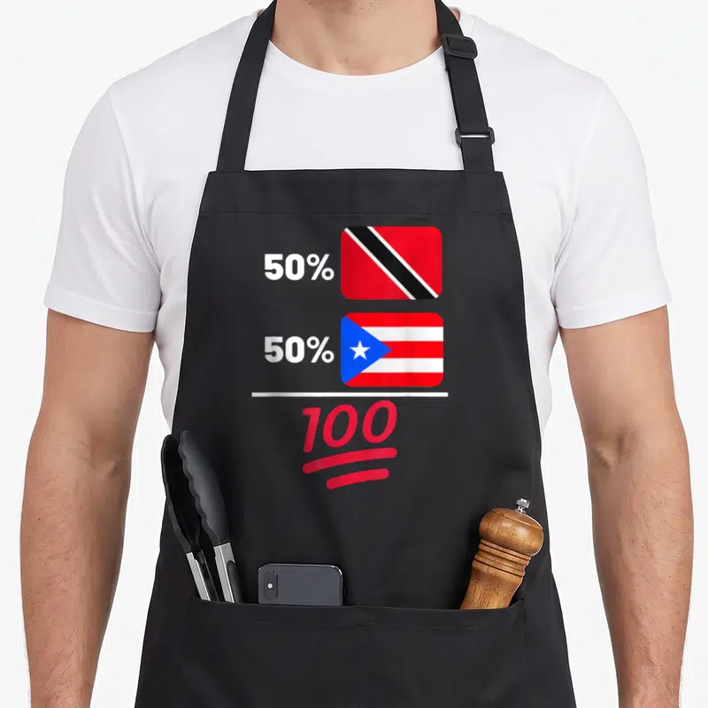 Puerto rican heritage aprons - Two flags stacked vertically with 50% 50% 100 text separated by a white line — shown on a black cotton canvas apron against a white background