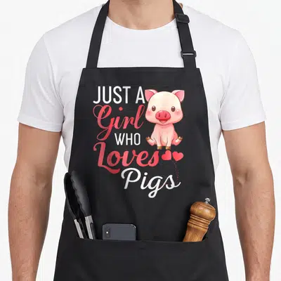 Funny cute pig apron - Stacked white and red text reading Just A Girl Who Loves Pigs beside a sitting pink cartoon pig — shown on a black cotton canvas apron against a white background