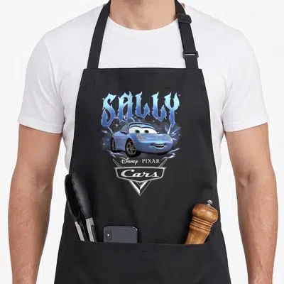 Sally car apron - Blue Sally Carrera cartoon car with lightning bolts and Stars Disney PIXAR Cars logo — shown on a black cotton canvas apron against a white background