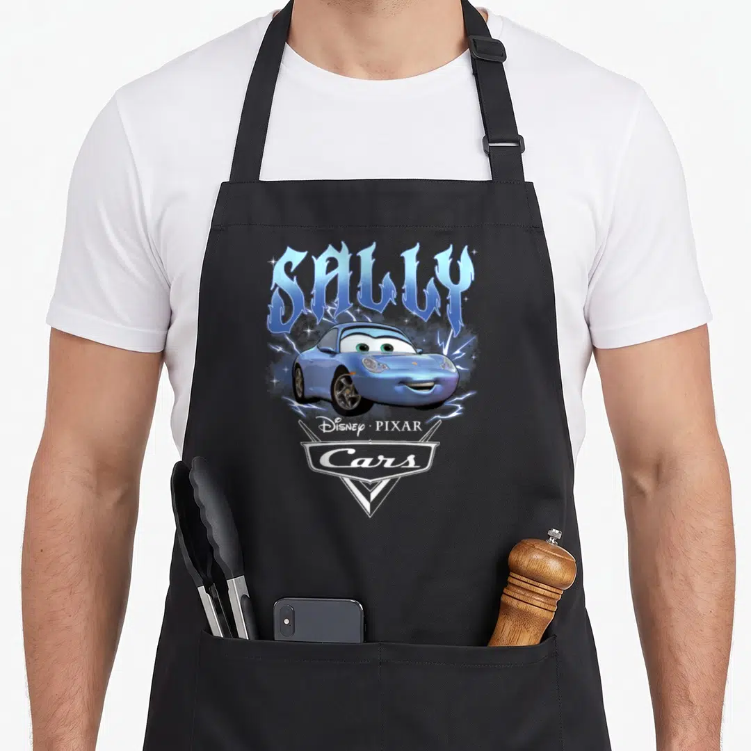 Sally car apron - Blue Sally Carrera cartoon car with lightning bolts and Stars Disney PIXAR Cars logo — shown on a black cotton canvas apron against a white background