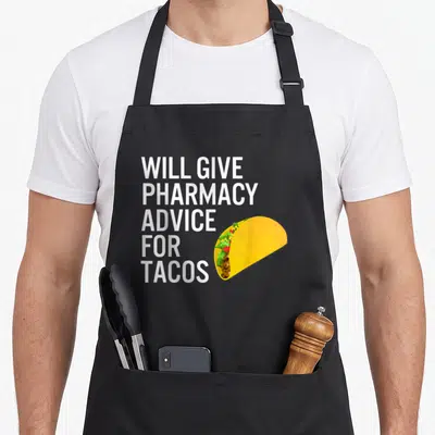 Advice pharmacist apron - Will Give Pharmacy Advice For Tacos text next to a cartoon taco with yellow shell and brown — shown on a black cotton canvas apron against a white background