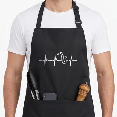 Sax saxophone apron - White line-art saxophone forming part of a horizontal heartbeat EKG monitor line — shown on a black cotton canvas apron against a white background