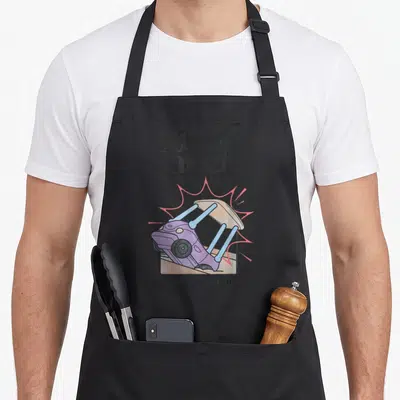 Rita parking apron - Purple cartoon car crashes into table legs surrounded by pink lines with driving school text — shown on a black cotton canvas apron against a white background