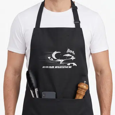 Fast road apron - Distressed white Road Runner running right with Beep Beep text — shown on a black cotton canvas apron against a white background