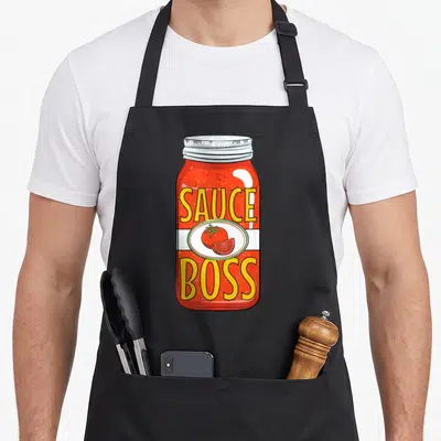 Sauce pasta apron - Cartoon red sauce jar with SAUCE BOSS text and tomato illustration — shown on a black cotton canvas apron against a white background
