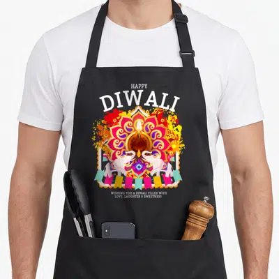 Outfit hindu diwali apron - Happy Diwali text above a lit diya, two white elephants, and colorful banners — shown on a black cotton canvas apron against a white background