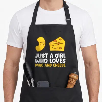 Vintage cheese mac apron - Cartoon macaroni and cheese wedge with faces above JUST A GIRL WHO LOVES MAC AND CHEESE text — shown on a black cotton canvas apron against a white background