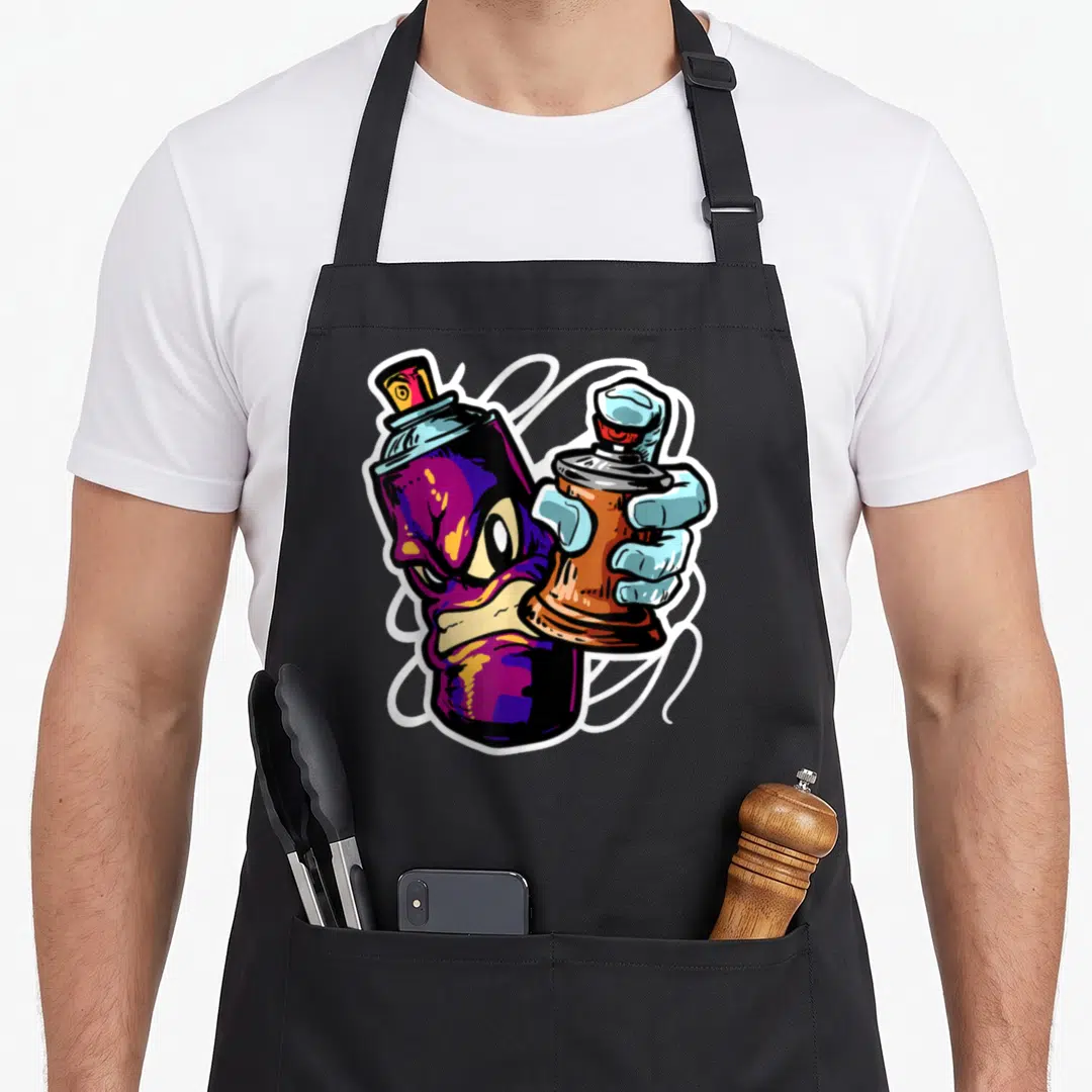 Graffiti fat man in apron - Purple spray can with face and blue hand holding brown can with white swirls — shown on a black cotton canvas apron against a white background