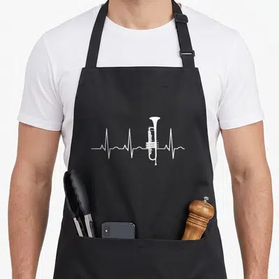 Music trumpet apron - White trumpet illustration integrated into a white EKG heartbeat line graphic — shown on a black cotton canvas apron against a white background