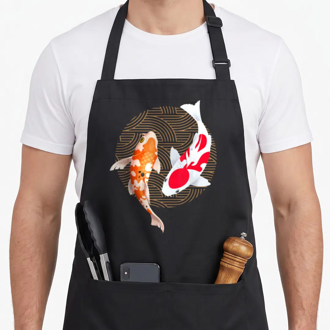 Koi carp fish apron - Two realistic koi in white, orange, red, and gold swimming in a circle over a gold geometric — shown on a black cotton canvas apron against a white background