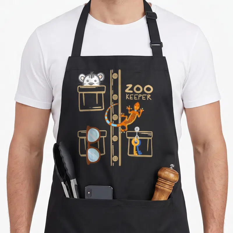 Zookeeper halloween apron - Cartoon tan uniform with mouse, orange lizard, glasses, and keys next to ZOO KEEPER text — shown on a black cotton canvas apron against a white background