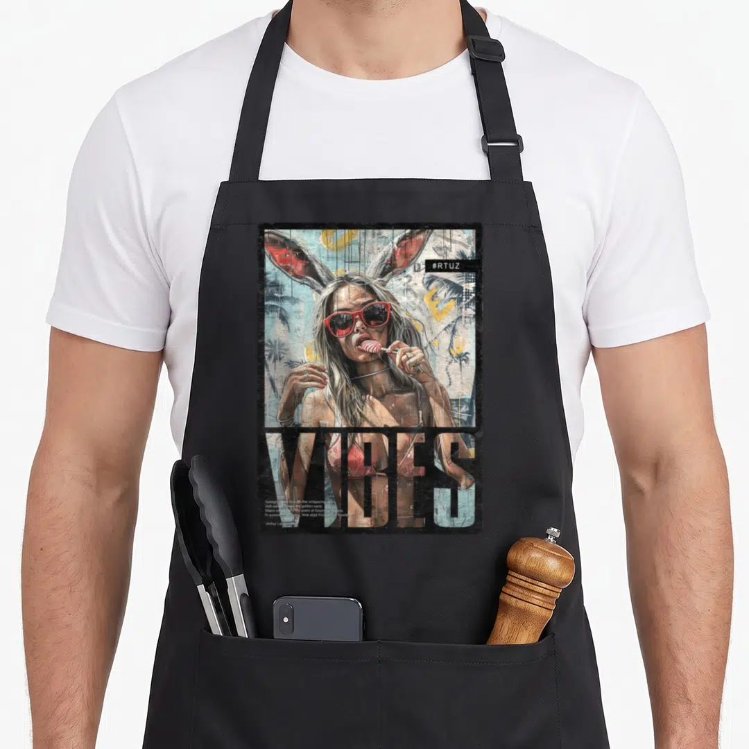 Magazin pin up apron - Retro woman with bunny ears red sunglasses VIBES text and summer poem in distressed art style — shown on a black cotton canvas apron against a white background
