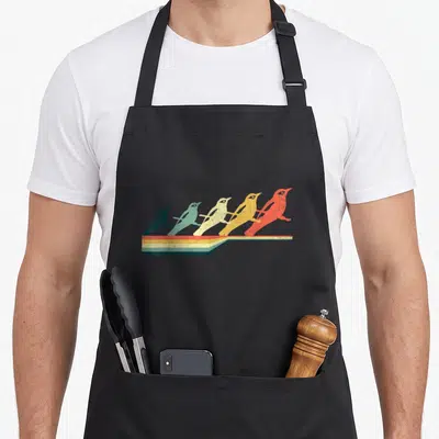 Baltimore teeretro apron - Five bird silhouettes in red yellow cream teal dark teal above horizontal stripes — shown on a black cotton canvas apron against a white background