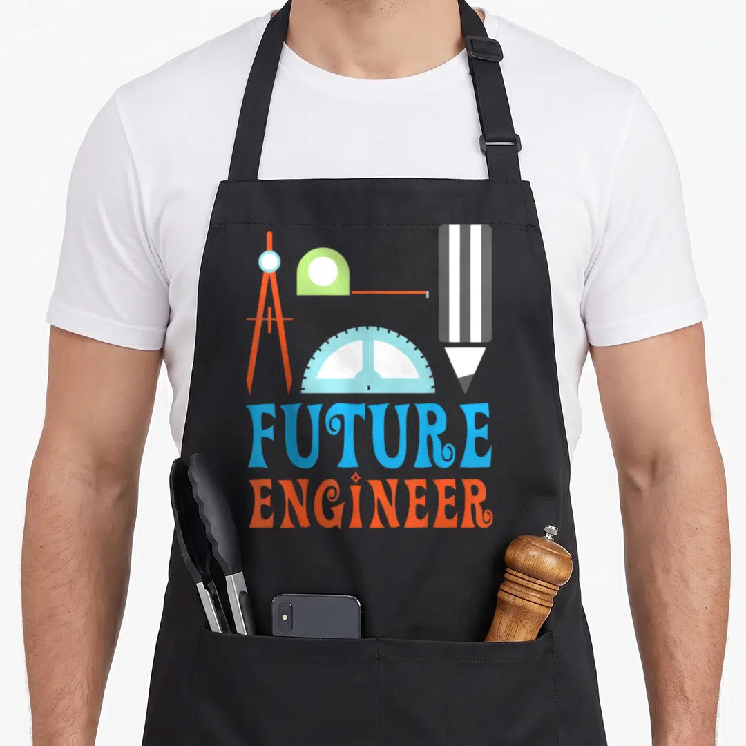 Future engineering engineer apron - Orange compass, light blue protractor, grey pencil, and stacked blue and orange text — shown on a black cotton canvas apron against a white background