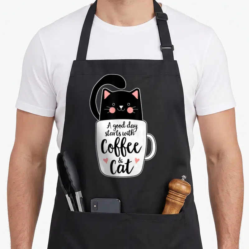 Funny cat coffee aprons - Black cat in white mug with A good day starts with Coffee & Cat text and pink hearts — shown on a black cotton canvas apron against a white background