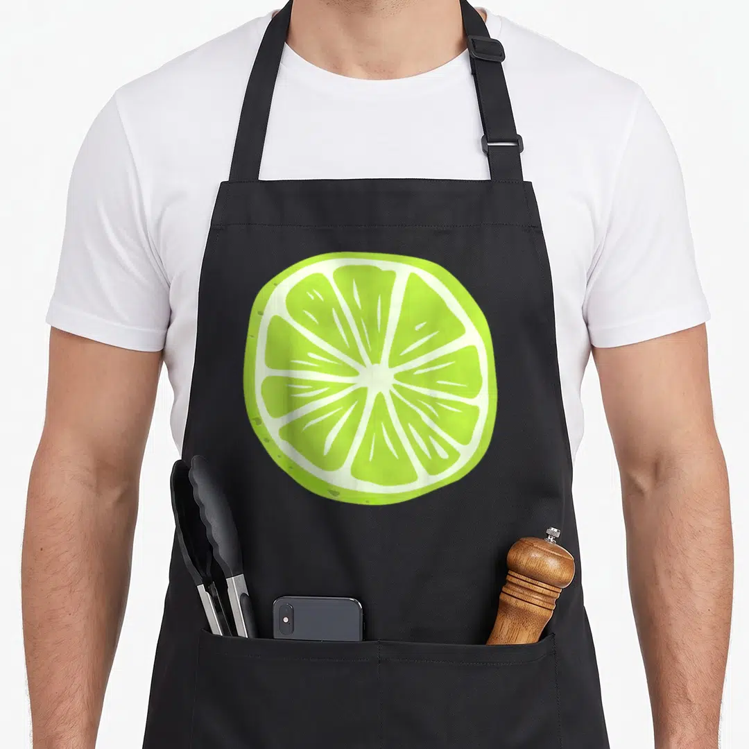 Lime halloween apron - Minimalist lime green and white cross-section slice graphic on black fabric — shown on a black cotton canvas apron against a white background