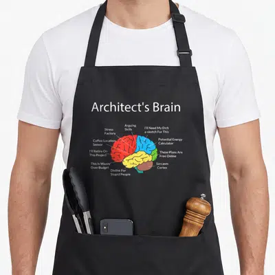 Architect student aprons - Cartoon brain labeled with sarcasm cortex stress factory and budget jokes — shown on a black cotton canvas apron against a white background