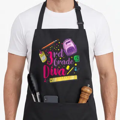3rd grade apron - 3rd Grade Diva text with backpack ruler glue pencil eraser stapler pushpin paintbrush stars in pink — shown on a black cotton canvas apron against a white background