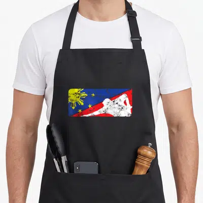 Pinoy filipino american apron - Distressed Philippine flag with billiard player silhouette in blue red yellow white — shown on a black cotton canvas apron against a white background