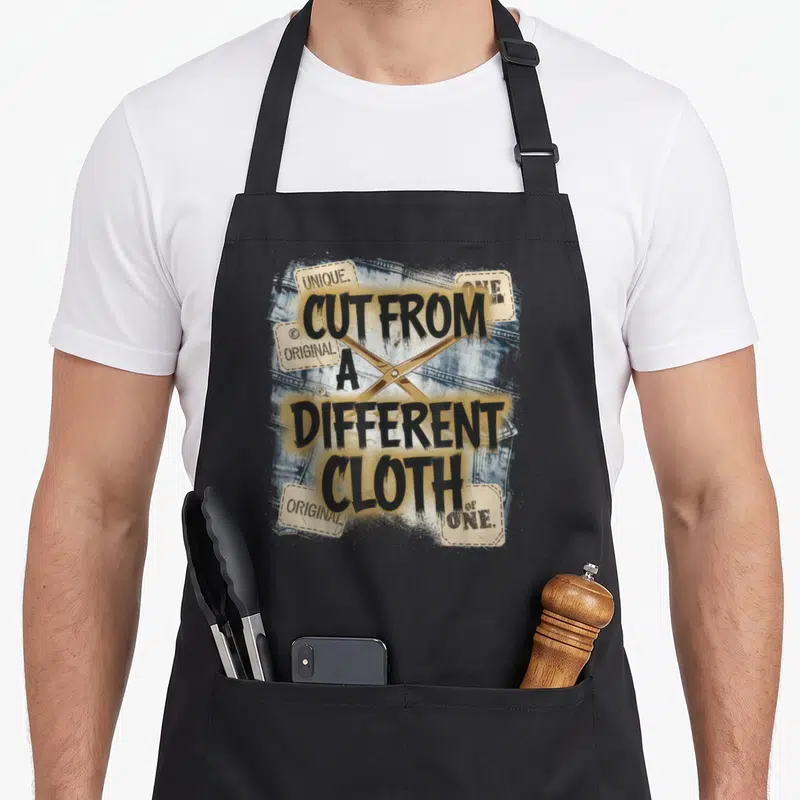 Funny hop hip apron - Black text Cut From A Different Cloth over blue denim with gold scissors and beige tags — shown on a black cotton canvas apron against a white background