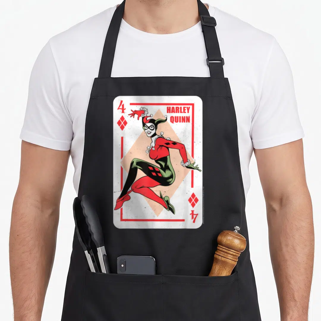 Playing vehicle apron - Harley Quinn playing card graphic with number 4 and diamond symbols in red and black — shown on a black cotton canvas apron against a white background