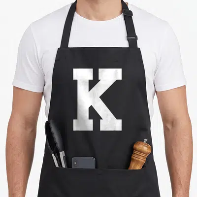 Kentucky lexington apron - Large white distressed capital letter K on grey background — shown on a black cotton canvas apron against a white background