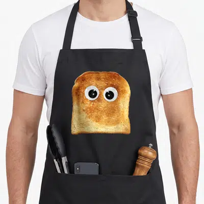 Googly toast apron - Photo of brown toast with two large white and black googly eyes centered on bread — shown on a black cotton canvas apron against a white background