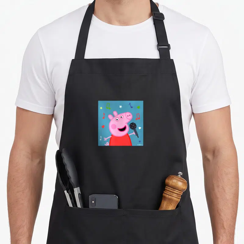 Music pig apron - Pink pig holding microphone surrounded by musical notes and hearts on blue — shown on a black cotton canvas apron against a white background