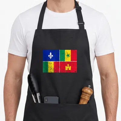 Pride louisiana apron - Distressed creole flag with blue green yellow red quadrants containing a fleur de lis star — shown on a black cotton canvas apron against a white background