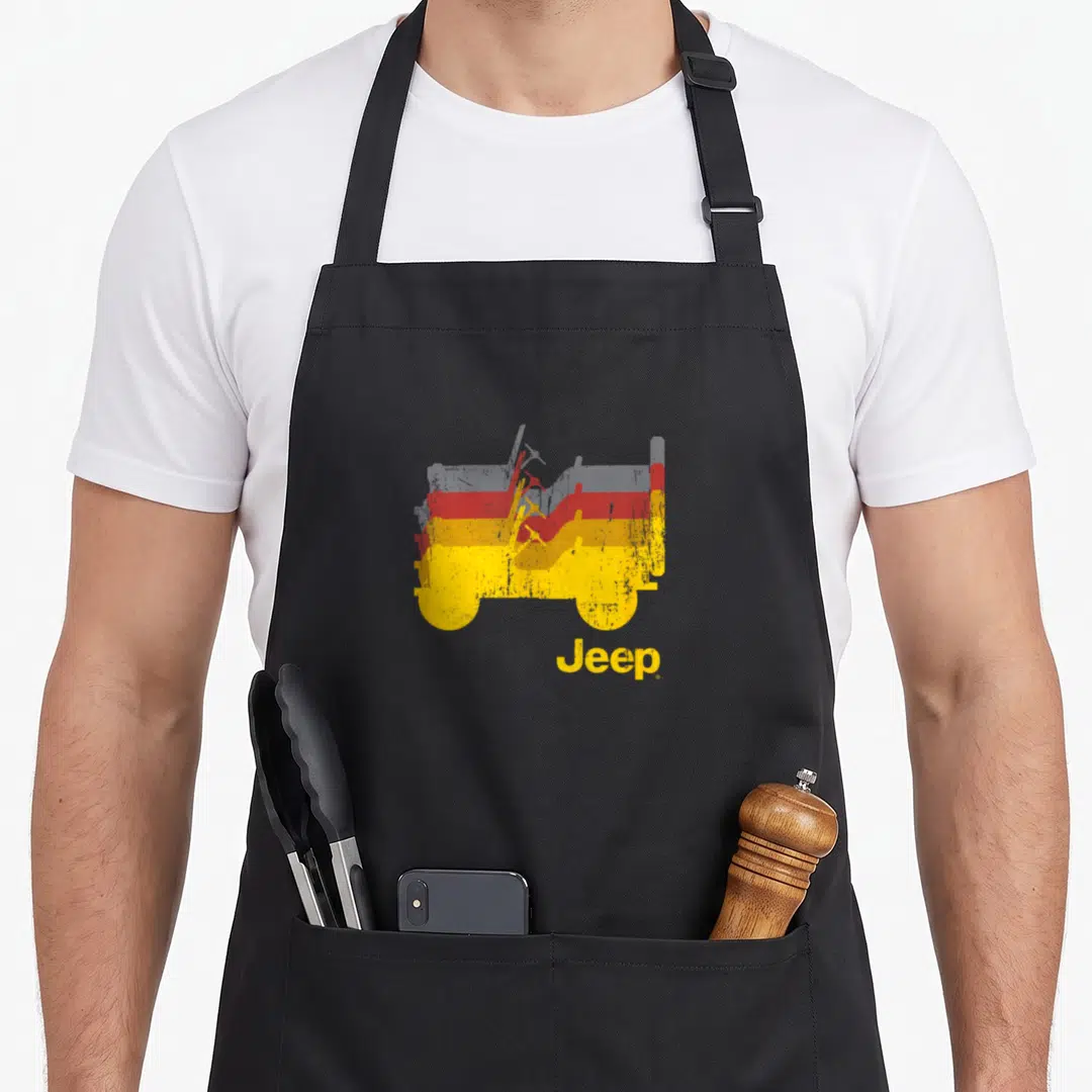 Willy jeep girl apron - Retro yellow red grey Jeep side profile illustration with text — shown on a black cotton canvas apron against a white background