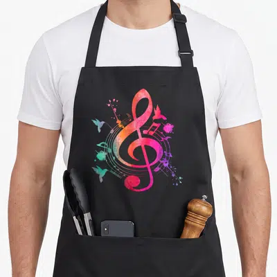 Musical bird apron - Watercolor treble clef with hummingbirds, notes, and paint splatters in pink, orange, blue, green — shown on a black cotton canvas apron against a white background
