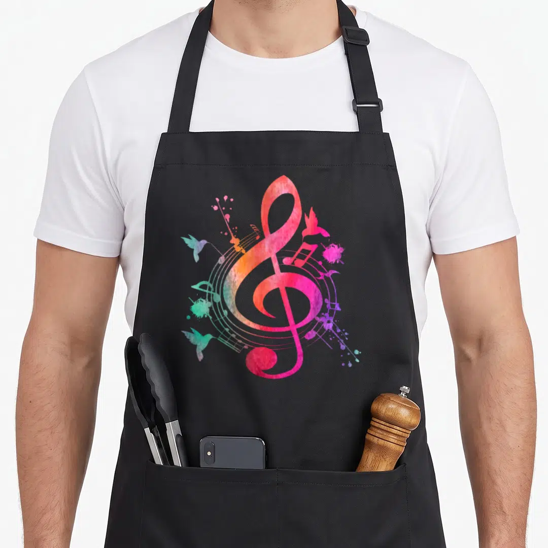Musical bird apron - Watercolor treble clef with hummingbirds, notes, and paint splatters in pink, orange, blue, green — shown on a black cotton canvas apron against a white background
