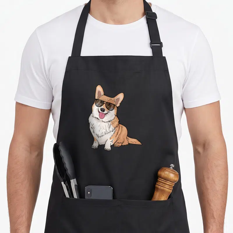 Pembroke welsh corgi aprons - Cartoon corgi sitting in tan white and black wearing dark sunglasses — shown on a black cotton canvas apron against a white background