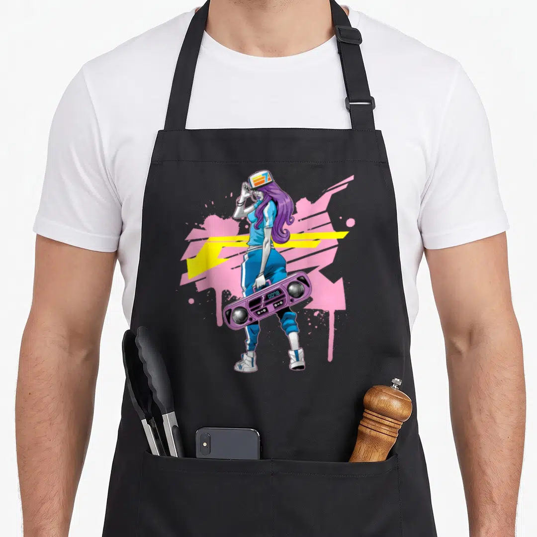 School 80s apron - Cartoon woman holding purple boombox against pink yellow abstract splash — shown on a black cotton canvas apron against a white background