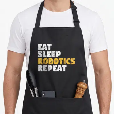 Eat robotics apron - Distressed white and yellow stacked text reading EAT SLEEP ROBOTICS REPEAT — shown on a black cotton canvas apron against a white background