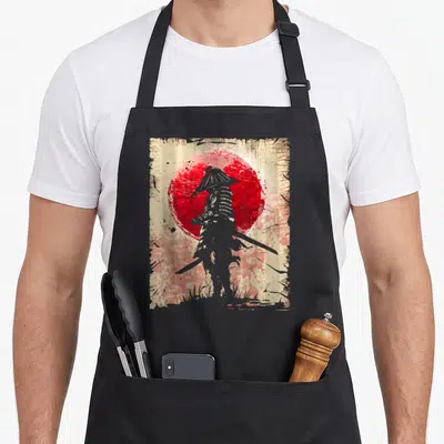 Japanese fighter apron - Grey samurai silhouette standing before a red sun inside a distressed beige border — shown on a black cotton canvas apron against a white background