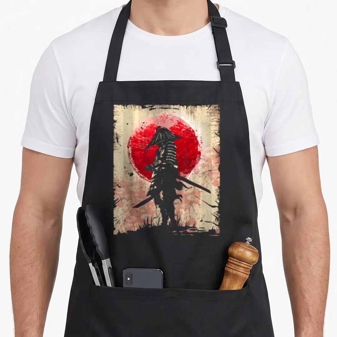 Japanese fighter apron - Grey samurai silhouette standing before a red sun inside a distressed beige border — shown on a black cotton canvas apron against a white background