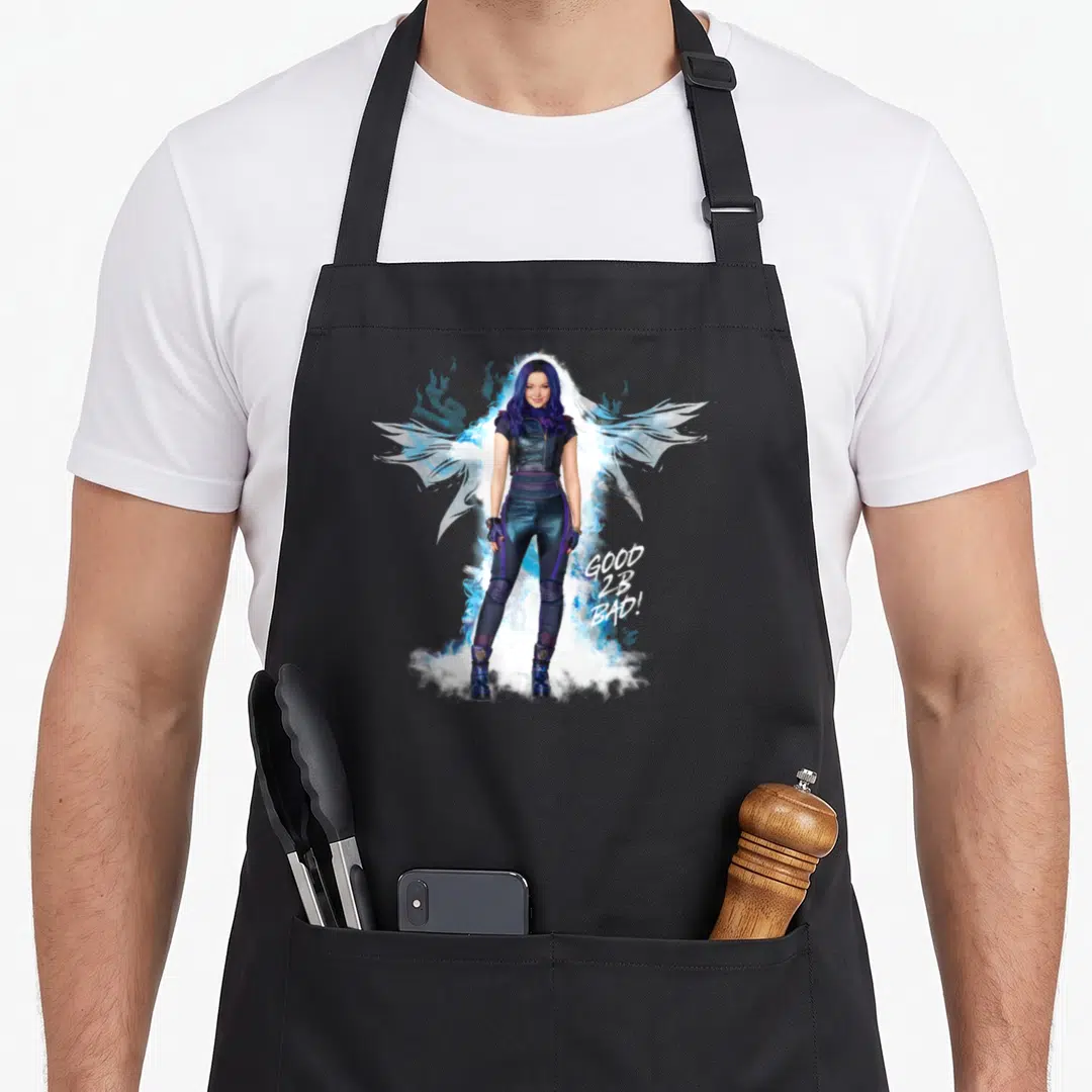 Vintage descendant novelty apron - Woman with blue purple wings and text GOOD 2B BAD — shown on a black cotton canvas apron against a white background