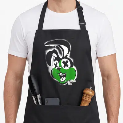 Funny bunny apron - White and green tie-dye stylized bunny head with blocky text — shown on a black cotton canvas apron against a white background