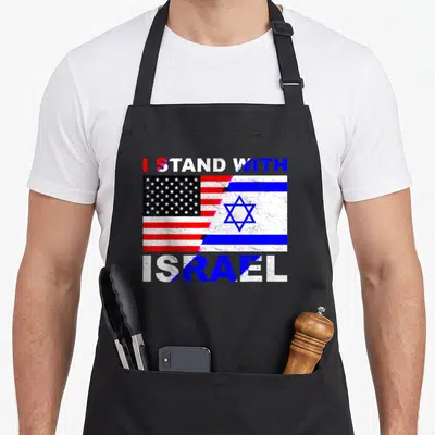 Stand palestinian apron - I STAND WITH ISRAEL text above and below two merged distressed flags in red, white, and blue — shown on a black cotton canvas apron against a white background