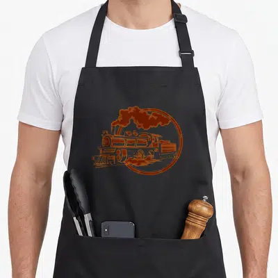 Operator locomotive railroad apron - Orange line-art steam locomotive inside a circle with billowing smoke — shown on a black cotton canvas apron against a white background