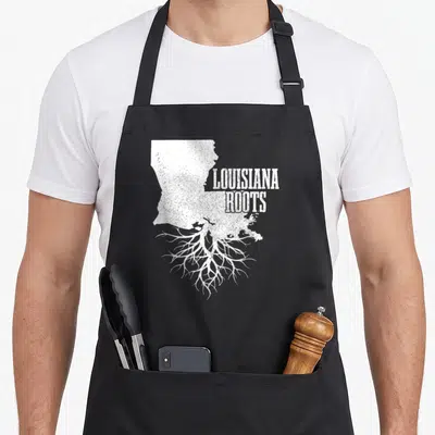 Root louisiana apron - White distressed Louisiana state map with tree roots and LOUISIANA ROOTS text — shown on a black cotton canvas apron against a white background