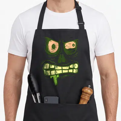 Zombie monster halloween apron - Green cartoon monster face with peach eyes and yellow teeth dripping drool — shown on a black cotton canvas apron against a white background
