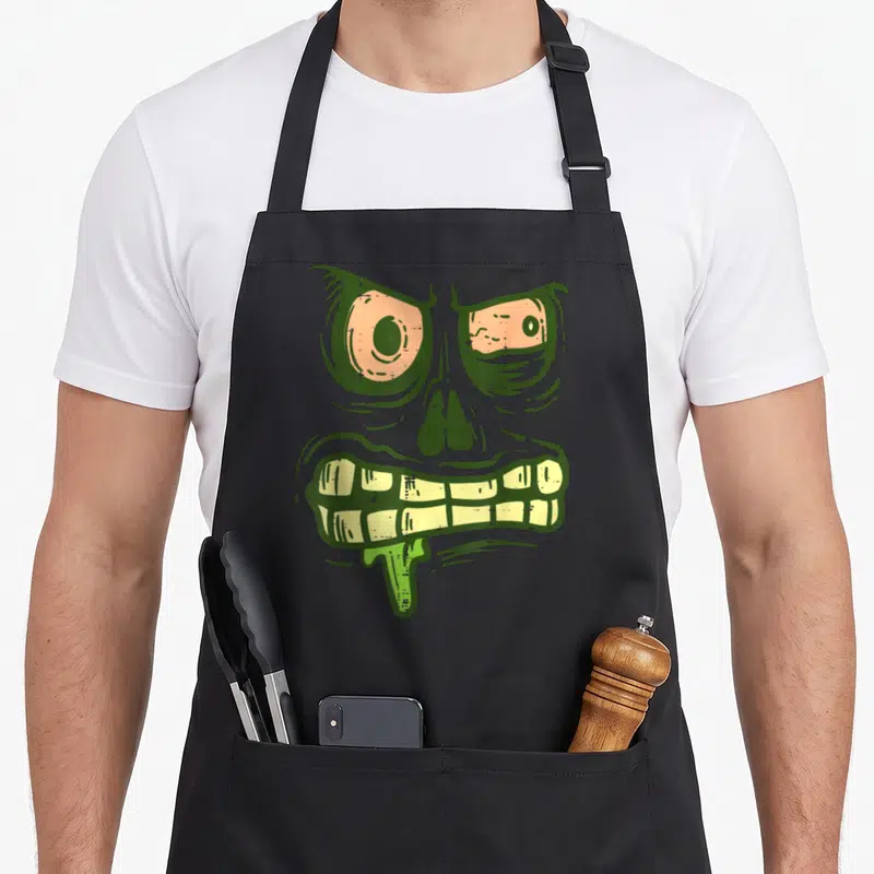 Zombie monster halloween apron - Green cartoon monster face with peach eyes and yellow teeth dripping drool — shown on a black cotton canvas apron against a white background
