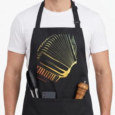Retro air accordion apron - Minimalist accordion graphic in orange yellow and green gradient showing bellows and keys — shown on a black cotton canvas apron against a white background