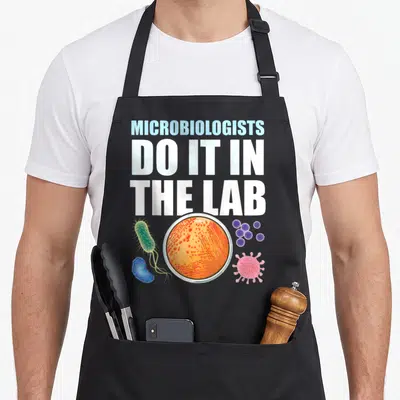 Microbiological microbiologist apron - Stacked text above orange petri dish surrounded by green bacteria, purple cocci — shown on a black cotton canvas apron against a white background