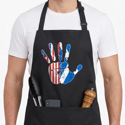 Handprint american flag apron - Distressed handprint filled with USA and Puerto Rican flag patterns in red white — shown on a black cotton canvas apron against a white background