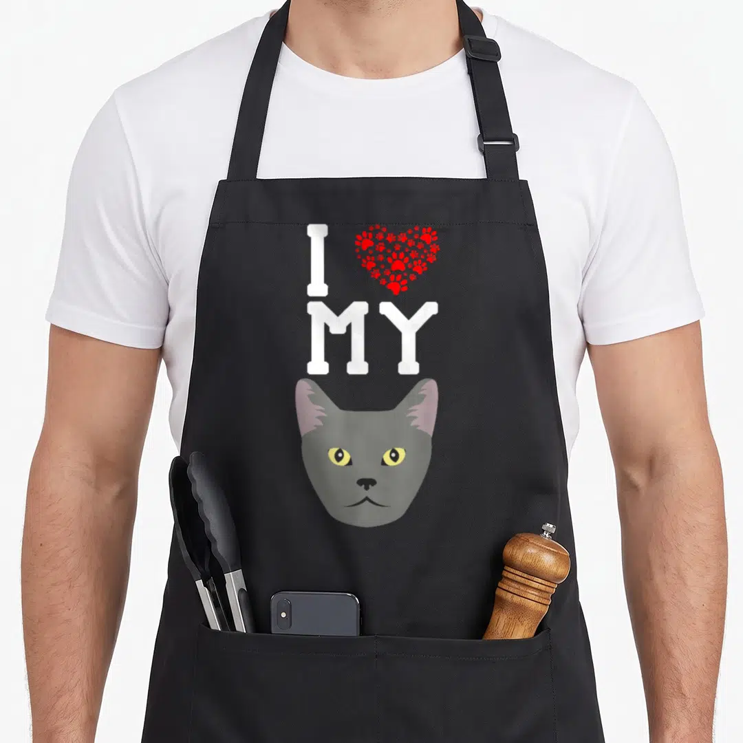 Cat blue russian aprons - White I MY text, red paw print heart, and grey cartoon cat head — shown on a black cotton canvas apron against a white background